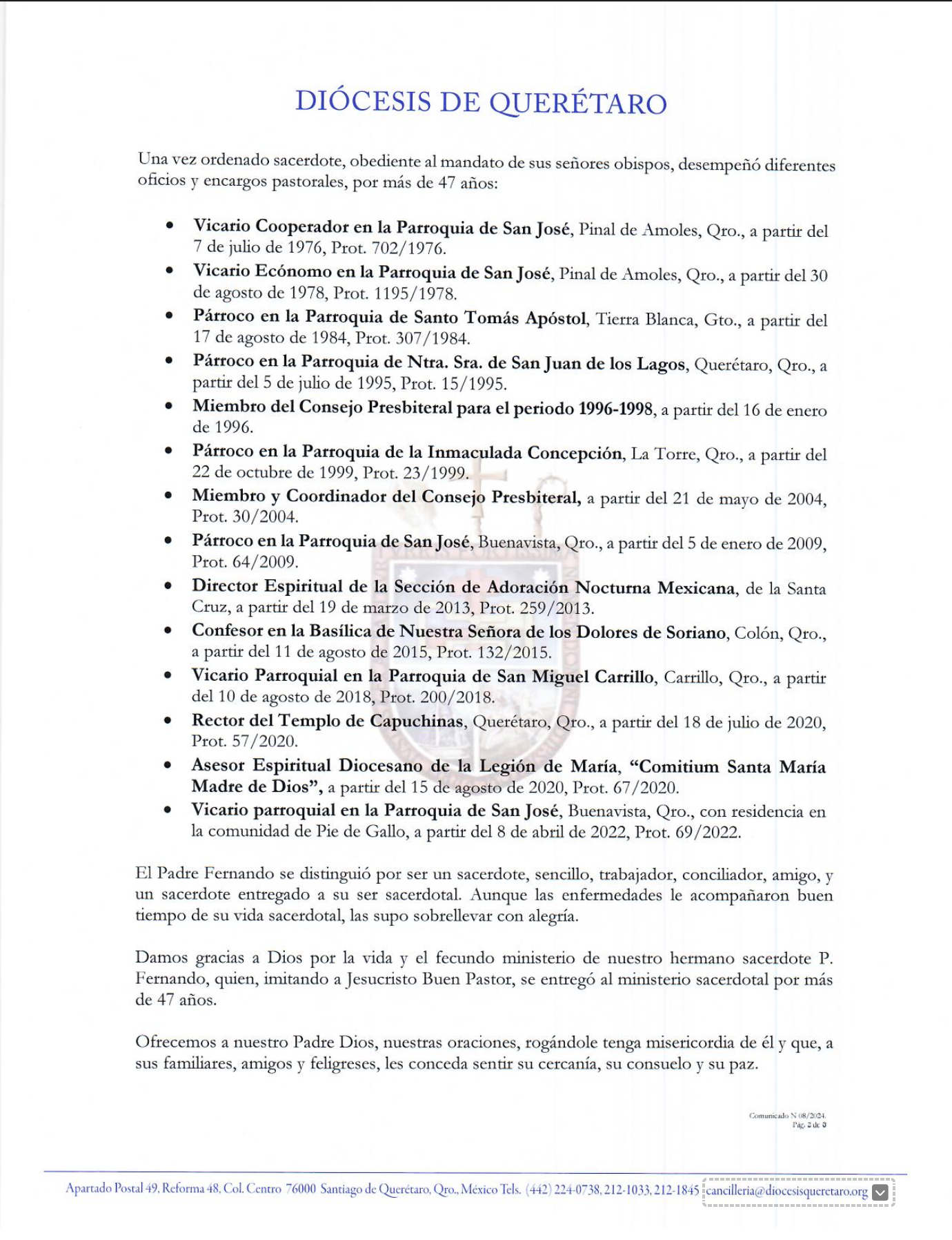 COMUNICADO N. 08/2024. Asunto: Sobre el sensible fallecimiento del Rvdo. Sr. Pbro. D. FERNANDO LAURENTINO RUBIO MONTES. 2